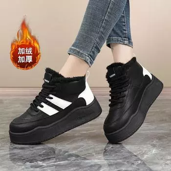 High-top little white shoes women s leather thick-soled round head splicing velvet sports shoes 2024 spring and autumn versatile casual board shoes 35 чёрный