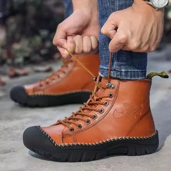 High-top Martin boots Men s spring and autumn large-size leather boots Men s casual British style tooling Winter locomotive tide boots 38 чёрный