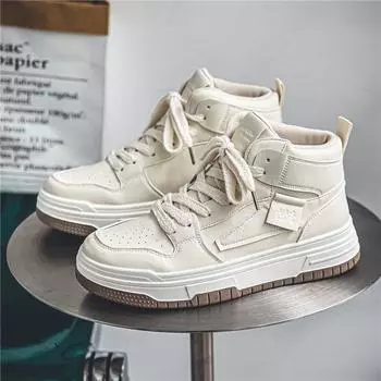 High-top men s autumn fashion lace-up shoes Korean version trendy solid-color little white shoes student leather sports and leisure board shoes 39