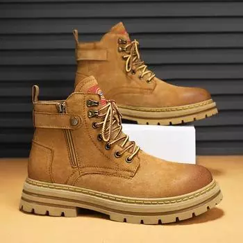 High Top Men s Boots High Quality Motorcycle Boots Winter Fur Warm Leather Shoes Casual Outdoor Ankle Short Boots Work Shoes 38 коричневый