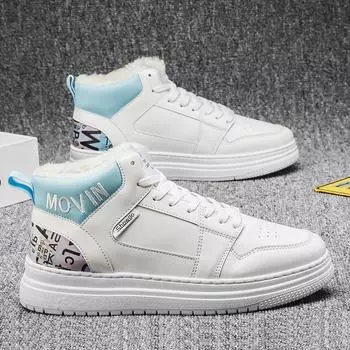 High-top men s shoes 2024 new summer velvet warm cotton shoes men s leather shoes waterproof casual canvas white shoes 39