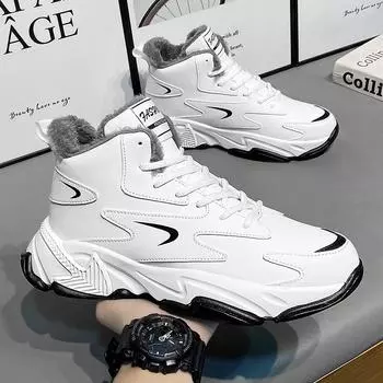 High-top men s shoes 2025 new autumn casual youth basketball thick sole heightening white sports dad shoes velvet 39