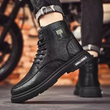 High-top men s shoes 2025 new autumn British style casual leather shoes summer black medium-top tooling locomotive Martin boots 39 чёрный