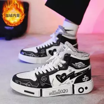 High-top men s shoes 2025 winter new velvet thickened snow cotton shoes student sports leather surface casual board shoes men s generation 35