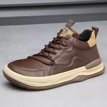 High-top men s shoes cowhide European station trend versatile brown retro leather velvet casual board shoes men s cotton shoes 38