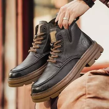 High-top men s shoes retro style fashion Martin boots leather lace-up platform tooling shoes student trend platform shoes 39
