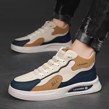 High-top men s shoes spring new contrasting color thick-soled medium-top youth foot-fitting casual sports board shoes four seasons trendy shoes 39