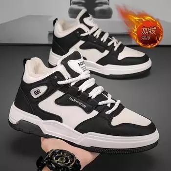 High-top men s shoes winter 2024 new velvet thickened warm cotton shoes leather surface cold-resistant casual sports thick baseplate shoes 39 чёрный