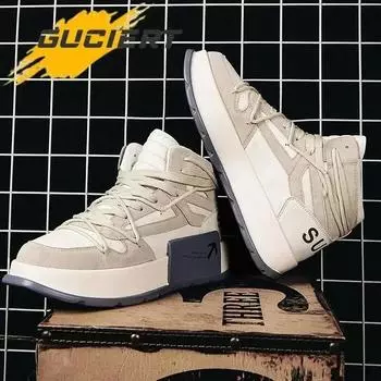 High Top Men Vulcanized Shoes Casual Sports Shoes Thick Sole Heightening Fashion Basketball Shoes Trend Sneakers Boots 2024 New 39 бежевый