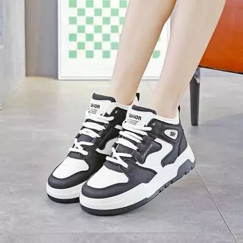 High-top shoes women s shoes new spring thick-soled heightening board shoes casual leather surface versatile sports shoes women 35 чёрный
