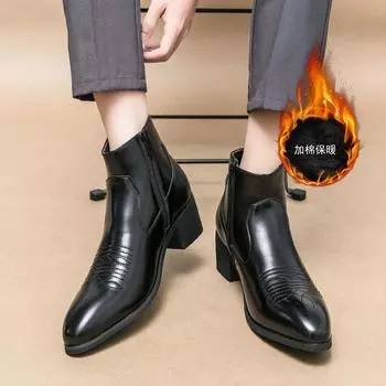 High-top side zipper casual leather boots large size personalized cotton shoes men s shoes thick heel fashion pointed Martin boots 38