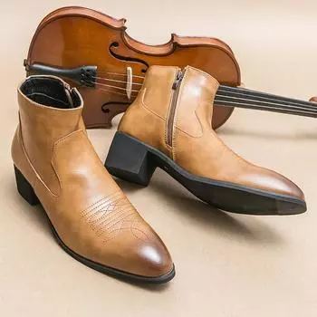 High-top side zipper casual leather boots large size personalized polished men s shoes thick heel fashion pointed Martin boots 38