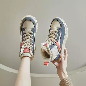 High-top Sneakers for Women 2024 Winter New Thick-soled Fashion Plus Velvet Warm Women s Sports and Casual Shoes Cotton Shoes 35 серый