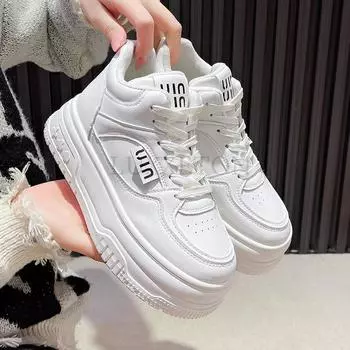 High Top Thick Sole Breathable and Elevated Sponge Cake Soles Comfortable and Versatile Retro Casual Lace Up Sports Shoes 35 чёрный