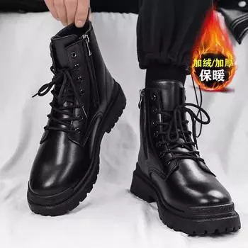 High-top winter 2024 thermal locomotive autumn Martin boots men s velvet leather boots tooling boots black new British style 39 чёрный