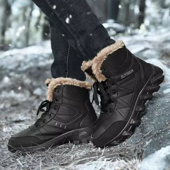 High Top Winter Outdoor Warm Snow Boots Large Size Men s Hiking Shoes Leather Surface Fleece Warm Large Cotton Boots 39