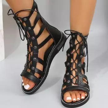 High-top Women Sandals 2024 Summer New Open Toe Sandals Leather Gladiator Sandals Rivet Cross Straps Back Zipper Woman Shoes 35 белый