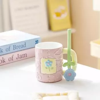 High Value Painted Ceramic Cup with Flowers Ceramic Spoon Couple Mug Hand Painted Flower Cup Student Water Cup 420ml