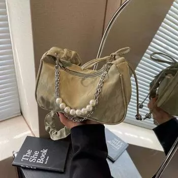 Высококачественная плиссированная сумка подмышкой, женская летняя сумка-мессенджер через плечо, модная сумка-багет с жемчужной цепочкой розовый