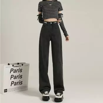 High waist adjustable wide leg pants jeans women s 2025 new autumn and winter small straight loose and thin jeans S