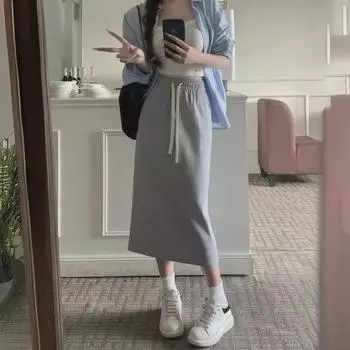 High-Waist Black Cotton A-Line Skirt with Slit - Women s Spring/Summer Medium-Length Large чёрный