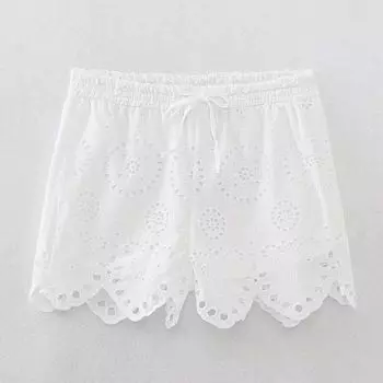 High Waist Casual Straight-Leg Lapel Hollow Embroider Shorts White Pants XS