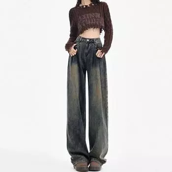 High Waist Crimp Khaki Wide Leg Denim Women 2025 Spring & Fall New Design Sense Drape Loose Straight Pants