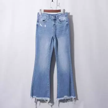 High Waist Cropped Denim Blue Frayed American Bell-Bottom Pants Cowboy Blue EUR25