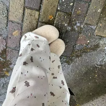 High Waist Drooping Bear Print Fleece Padded Jeans Female Fall and Winter Small Loose Slim Looking Straight Wide Leg Mop Pants Milk apricot [regular]] S
