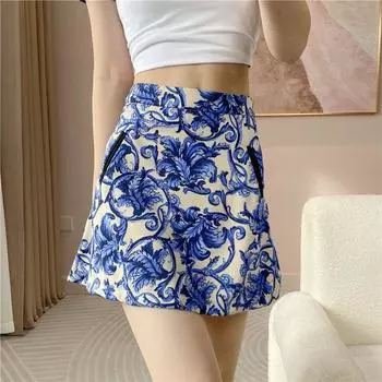 High Waist Hip Blue and White Porcelain Skinny Leg Comfortable Skirt Blue and white porcelain S