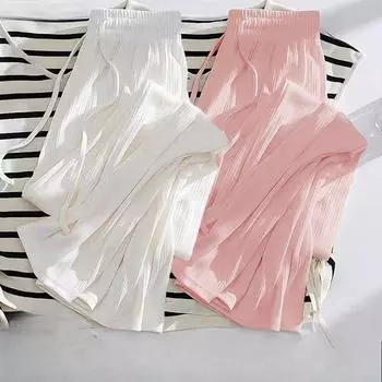 High Waist Ice Silk Wide Leg Pants Women Summer Breathable Casual Comfortable Floor Length L розовый