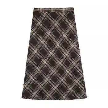 High Waist Retro Plaid A-Line Wool Skirt for Women - Plus Size, Spring Collection 2XL (recommended 140-160 jin)