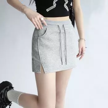 High-Waist Retro Summer Skirt: Women s Sporty Yoga Slit Skirt with Anti-Exposure Shorts Extra Large светло-серый