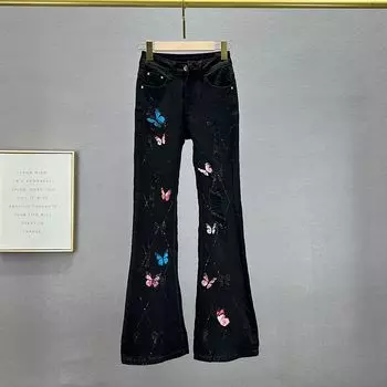High Waist Silm Slim Looking European Goods Diamond Embroidered Bell-Bottom Pants Black XL