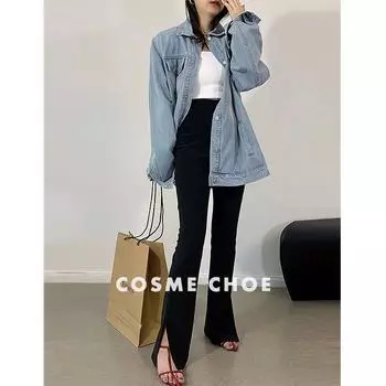 High Waist Silm Slit Slightly Pull Slim Looking Casual Super Model Pants Crystal Black S