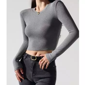 High Waist Slim-Fit Crop-Top Pure Color Long Sleeves T-shirt Light gray S