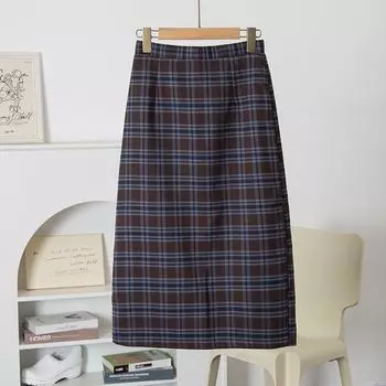 High Waist Slimming Mid-Length Retro Plaid Skirt Women s Woolen Plaid Back Slit A- line Skirt Coffee L