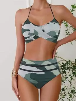 High Waisted Bikini Set Women Printed Swimsuit Two-Piece Halter Lace Up Swimwear Bathing Summer Fashion Female Beachwear S