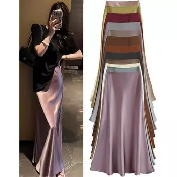 High Waisted Slimming Mid Length Satin Acetate Silk Smooth Half Skirt Spring/summer Wrap Buttocks Fishtail A-line Long Skirt 5XL чёрный