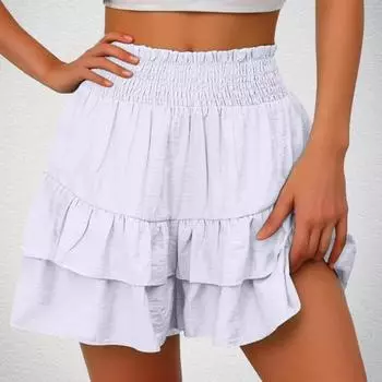 High-Waisted Women Shorts Layer Ruffle Wide Leg Casual Skirt Shorts Solid Color Work Leisure Beach Shorts L белый