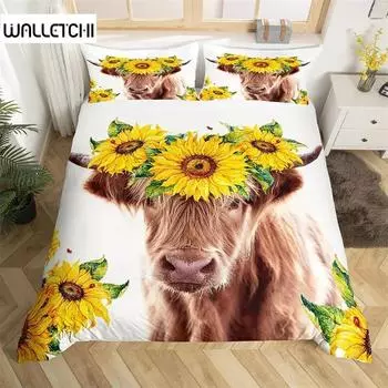 Highland Cattle Duvet Cover Bull Sunflower Cow Bedding Set Queen For Boys Men Microfiber Wildlife Farmhouse Animal Quilt Cover EU single(135x200cm)