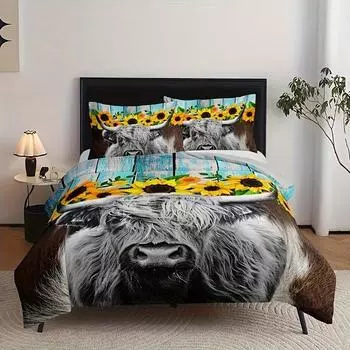 Highland Cattle Sunflower Printed Duvet Set Three-Piece Suit For Bedroom Room EU single 135*200