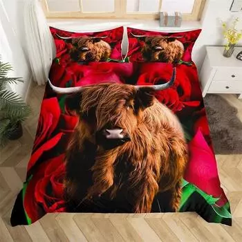 Highland Cow Bedding Set Farm Animal Duvet Cover Single King Queen Red Rose Comforter Cover Micr EU Single 135x200cm