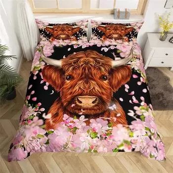 Highland Cow Bedding Set Polyester Bull Cattle Flowers Quilt Cover Western Wild Animal Duvet Cover Farmhouse Cow Bedspread Cover EU single(135x200cm)
