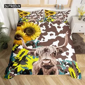 Highland Cow Bedding Set Polyester Bull Cattle Flowers Quilt Cover Western Wild Animal Duvet Cover Farmhouse Cow Bedspread Cover EU single(135x200cm)