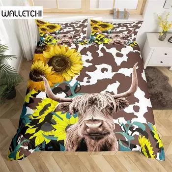 Highland Cow Bedding Set Polyester Bull Cattle Flowers Quilt Cover Western Wild Animal Duvet Cover Farmhouse Cow Bedspread Cover EU single(135x200cm)