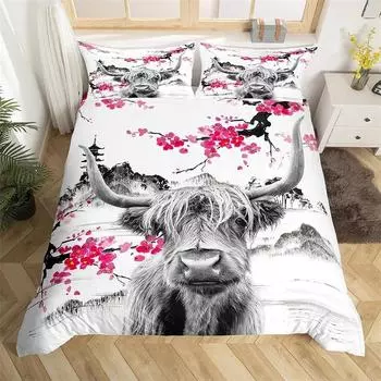 Highland Cow Comforter Cover Queen Farmhouse Animal Milk Bedding Set Microfiber Cute Cow Duvet Cover Wildlife Animal Quilt Cover 70x133cm 2pcs