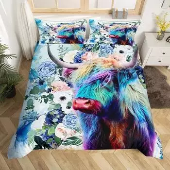 Highland Cow Duvet Cover King Queen Western Farm Animal Comforter Cover Microfiber Bull Cattle Floral Bedding Set For Kids Teen 70x133cm 2pcs