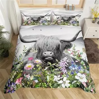 Highland Cow Duvet Cover, Watercolor Flowers Animals Plants Bedding Set 2/3pcs For Women Men Adults Room Decor, Fashionable EU Single 135x200cm