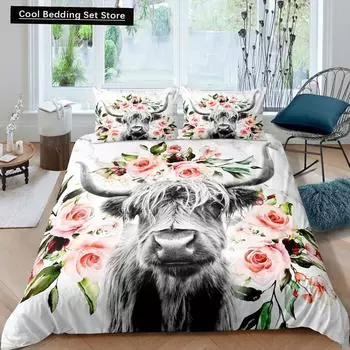 Highland Cow Flower King Queen Duvet Cover Cattle Rose Bedding Set Western Animal Comforter Cover Farmhouse Bull Quilt Cover EU single(135x200cm)